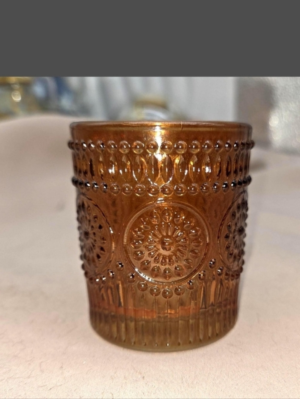 Anthropologie Amber Sun Burst Glass Emboss Design Clear Glass Candle holder